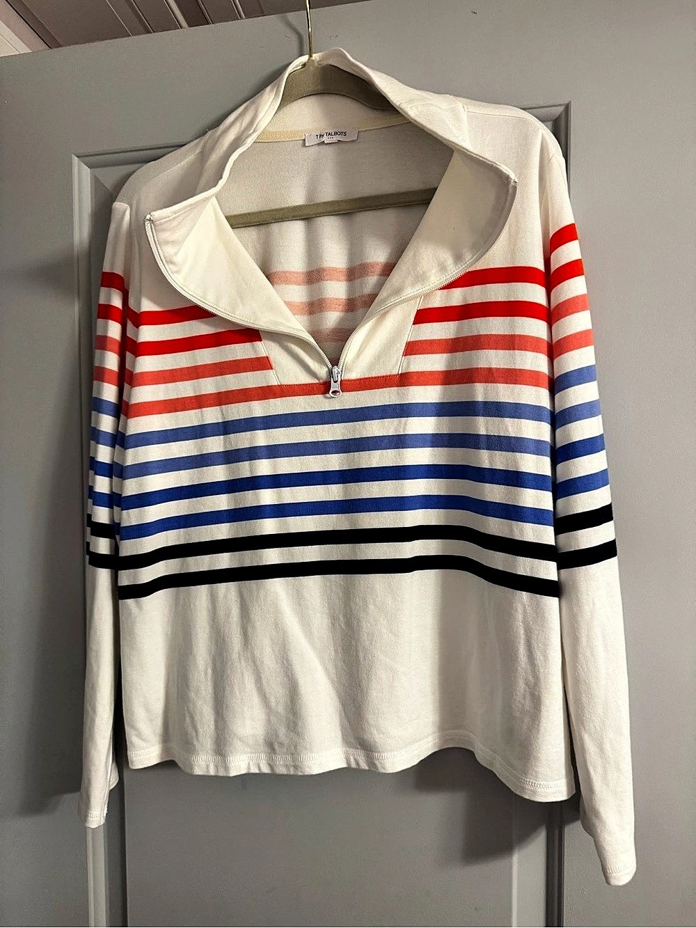 Talbots Striped Half-Zip Pullover in White & Red Size x in Talbots